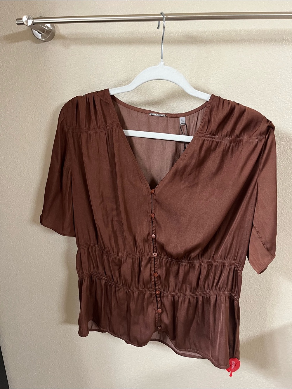 Women's Elie Tahari Brown Ruched V-Neck Button Front Blouse
